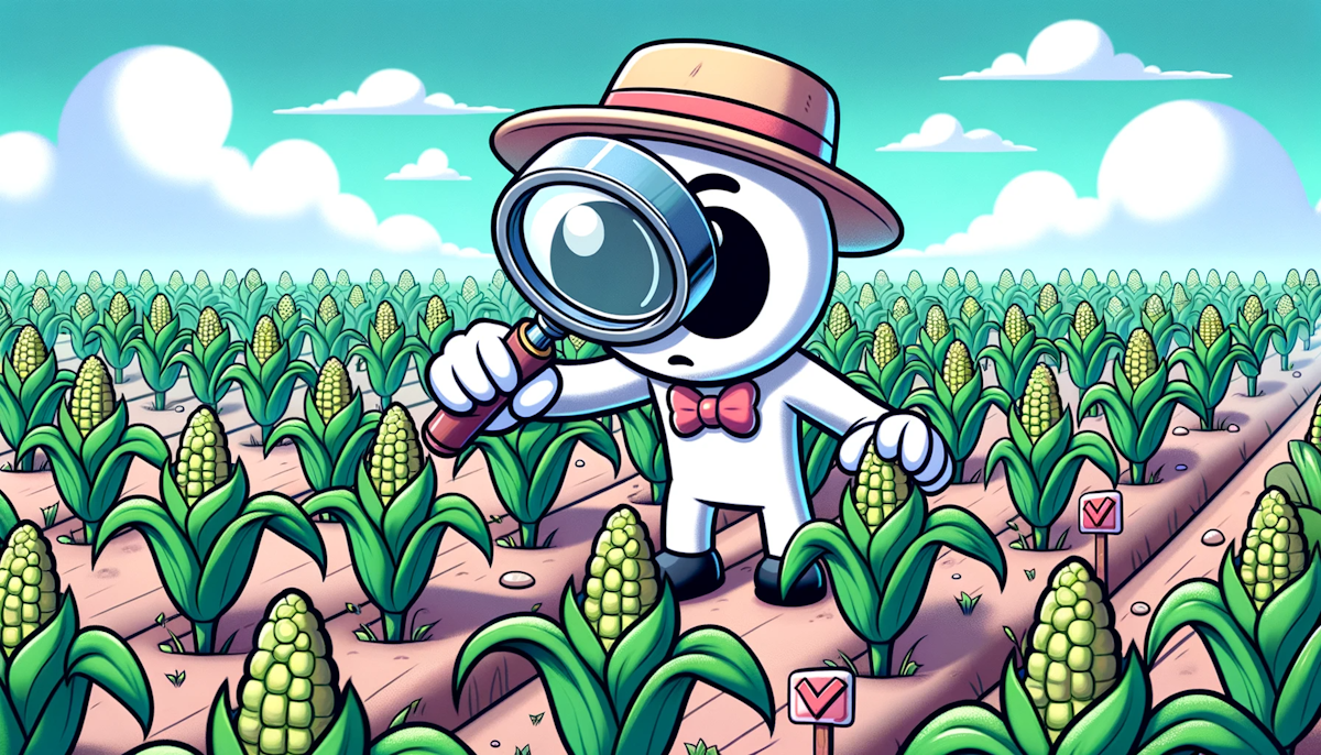 Cartoon of a character using a magnifying glass to inspect crops in a field, ensuring they pick the finest produce