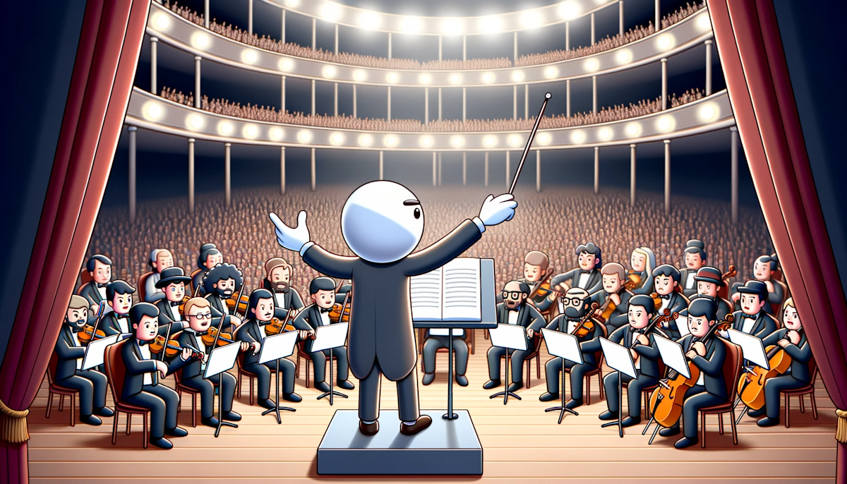Cartoon of a conductor character on a digital stage, orchestrating a symphony with musicians representing writers from various backgrounds