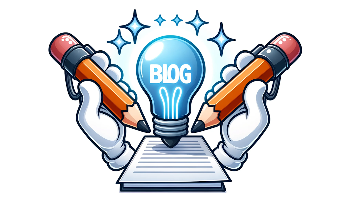 Cartoon of a digital pen and paper joining forces to create a glowing blog icon, representing the collaboration and creation process of a blog writer