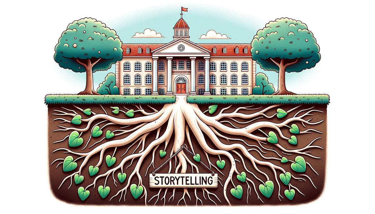 Illustration of a university building with roots growing deep into the ground, sprouting seeds labeled 'Storytelling', symbolizing the rich foundation