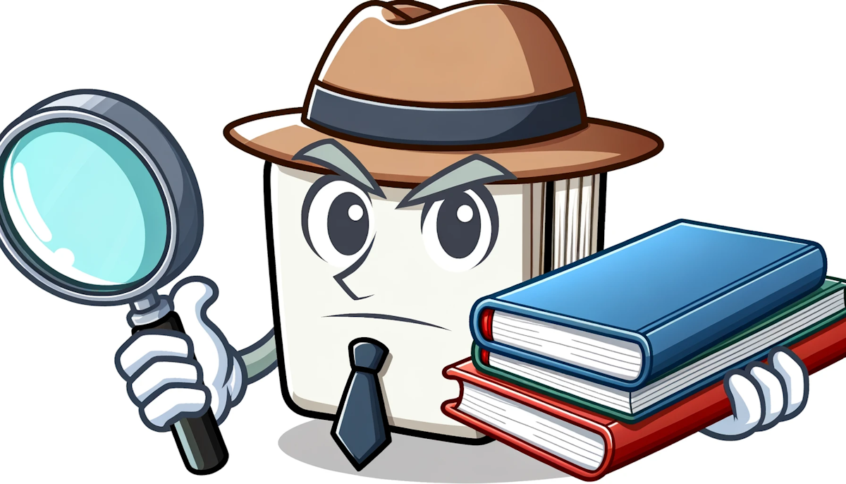 Cartoon of a character with a large detective hat, peering intently at an empty notebook with a magnifying lens, representing the analysis of writing