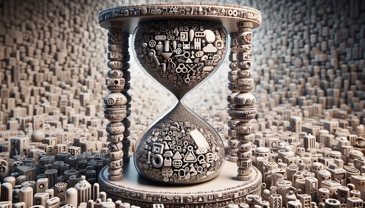 Photo of an hourglass where the upper chamber is filled with diverse symbols and the lower chamber collects only identical symbols