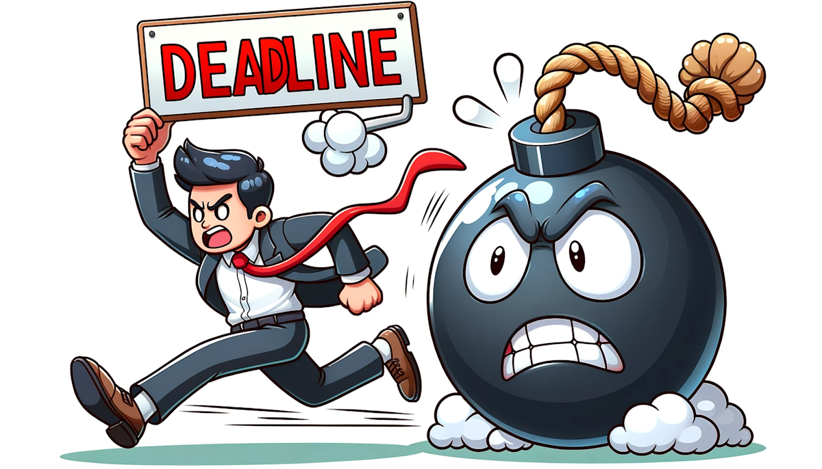 Cartoon of a character racing against a ticking time bomb labeled 'Deadline', showcasing the urgency and challenge of timely task completion
