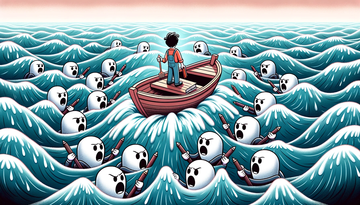 Cartoon of a character in a boat amidst turbulent waters, with writer figures trying to get onboard