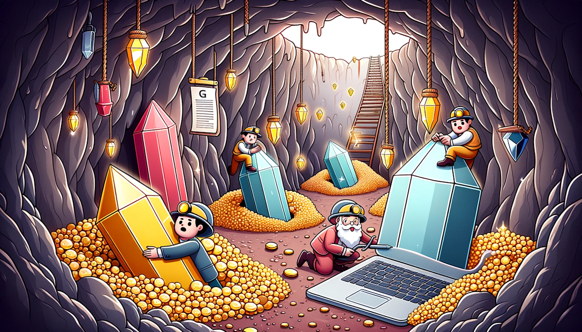 Cartoon of characters mining in a virtual cave, unearthing gems shaped like pens and quills, illustrating the rich resources available for freelance