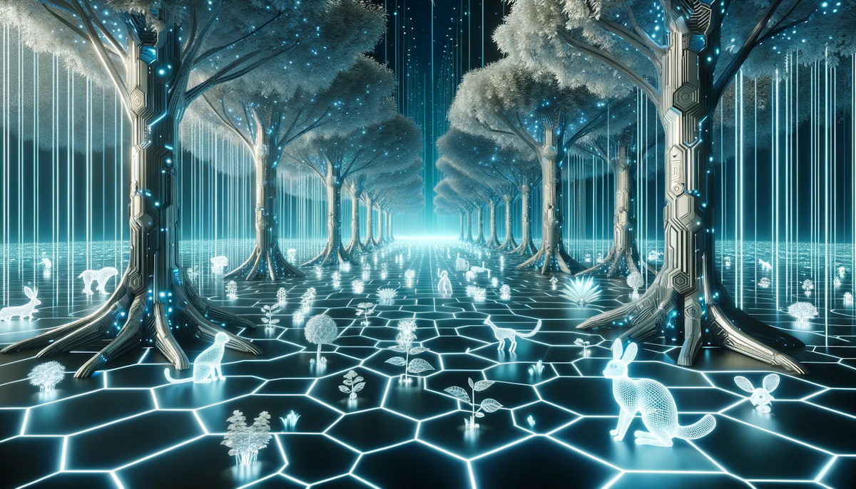 Illustration of a cybernetic forest with metallic trees and glowing fauna
