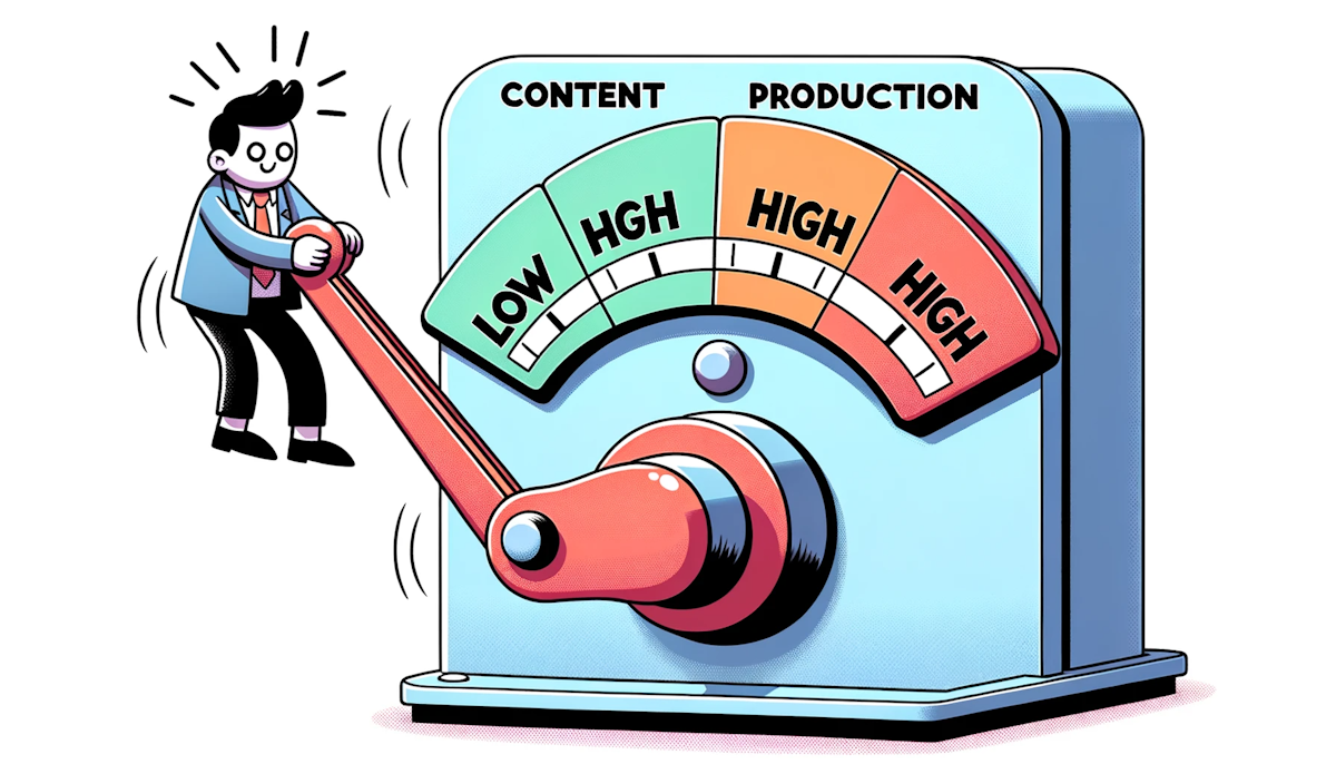 Cartoon of a character adjusting a lever labeled 'Content Production', with indicators ranging from 'Low' to 'High''