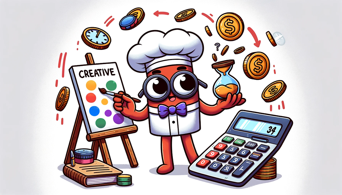 Cartoon of a character wearing a creative cap, painting on a canvas, while their other hand juggles coins, calculators, and an hourglass
