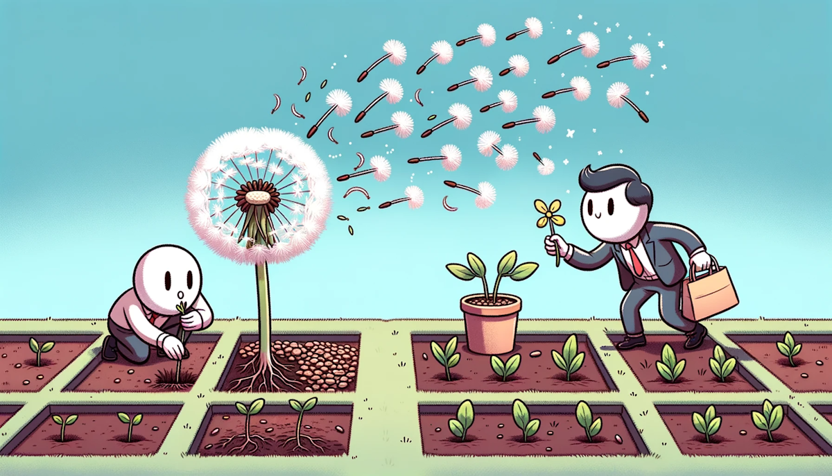 Cartoon of a character blowing dandelion seeds representing wishes, while another character plants seeds in the ground with a clear plan