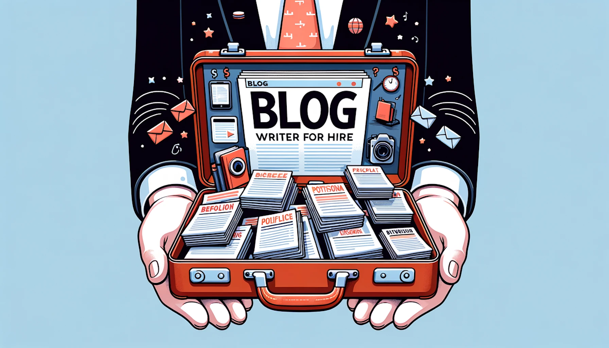 Illustration of a digital briefcase filled with blog articles, emphasizing the portfolio of a potential blog writer for hire
