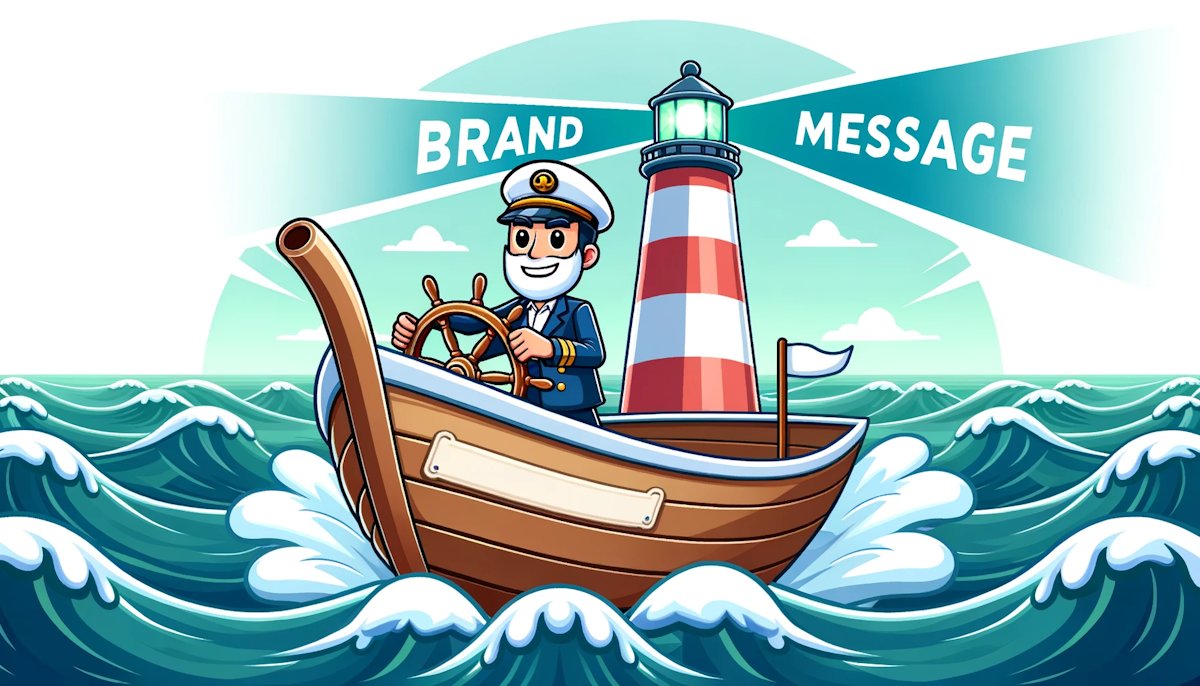 Cartoon of a captain character steering a ship labeled 'Brand Message' through digital waves, with the guidance of a lighthouse shaped like a pen