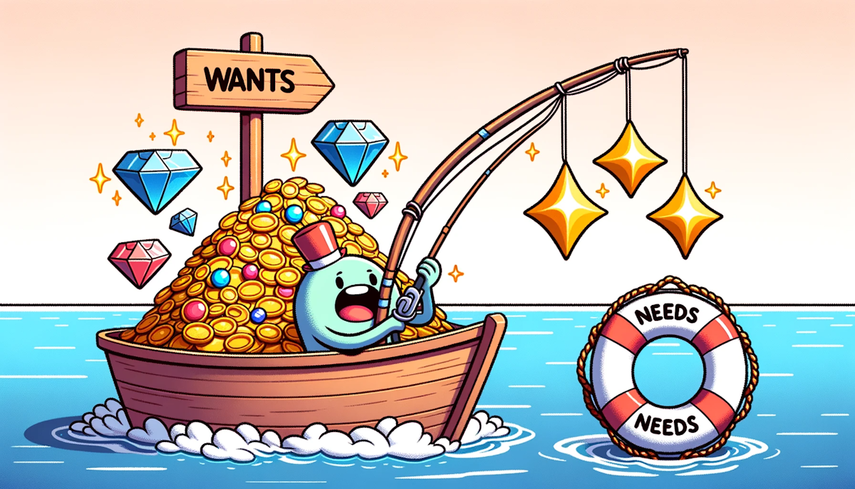 Cartoon of a character in a boat, using a fishing rod to catch dazzling treasures labeled 'Wants', while ensuring to secure a lifebuoy labeled 'Needs'