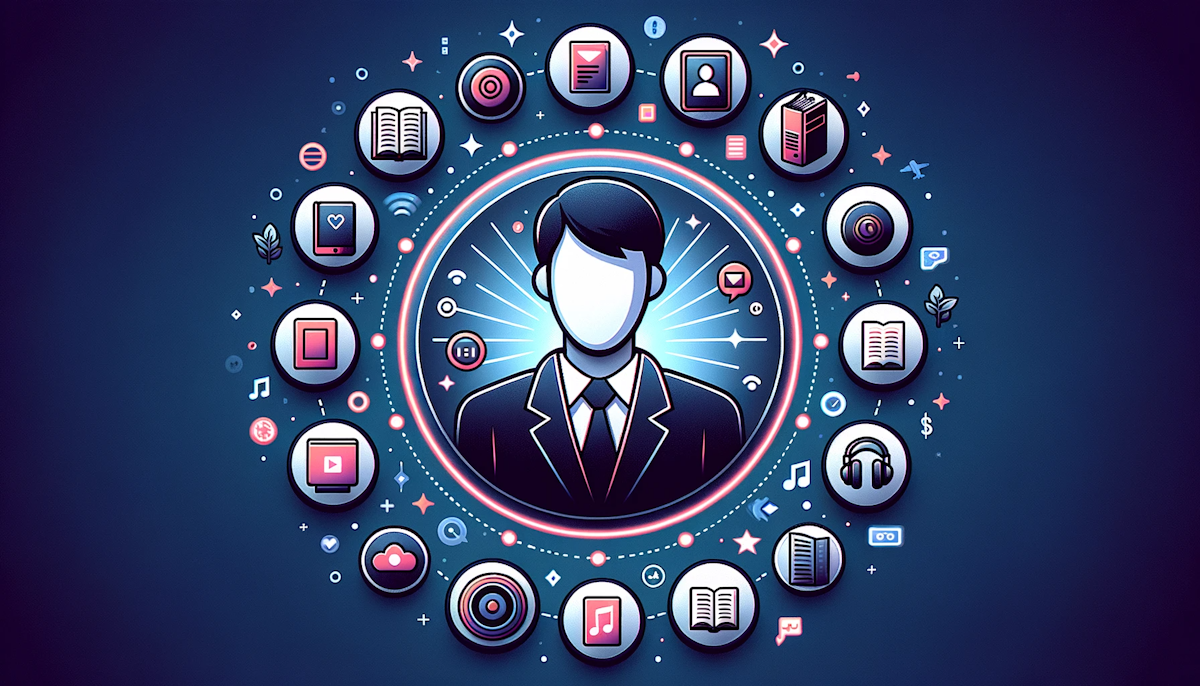 An illustration of a digital profile avatar surrounded by various content icons tailored to user preferences.