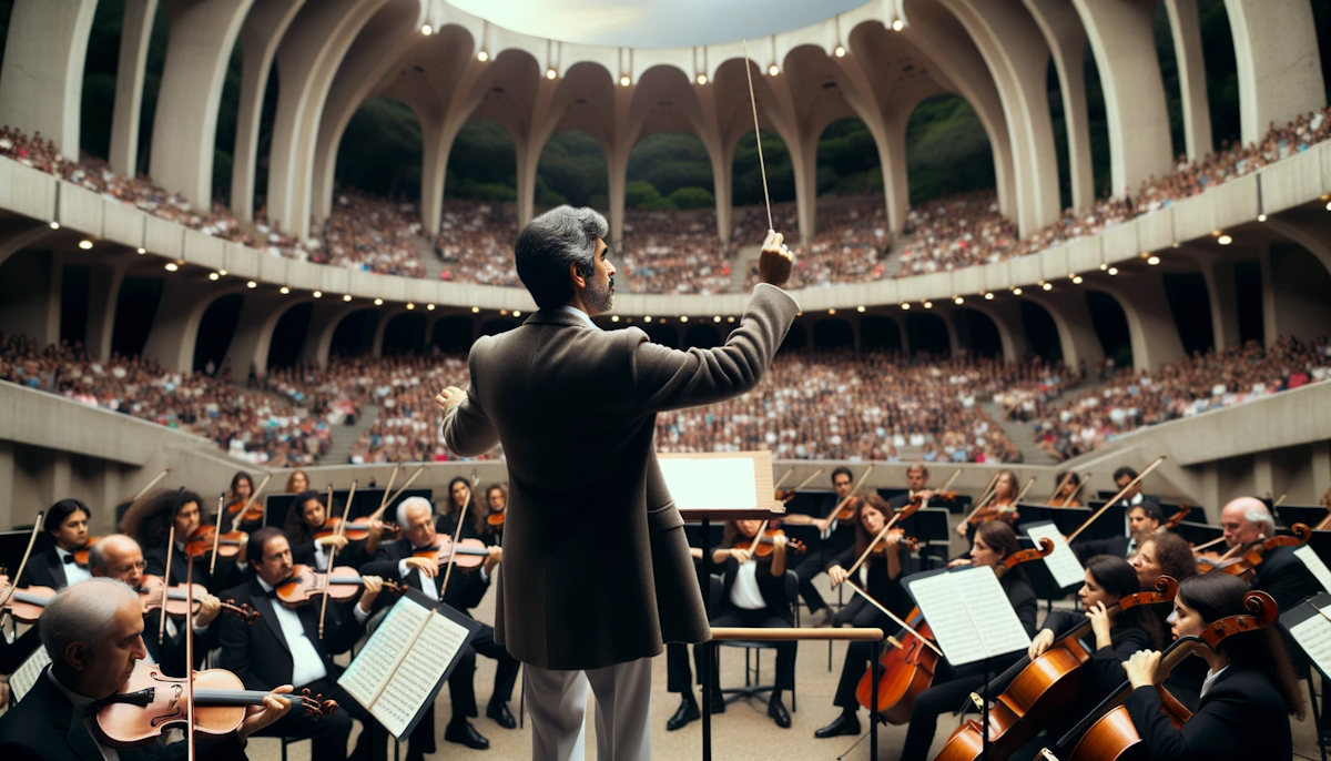 Photo of a conductor of Latin American descent, waving a baton, in front of an orchestra comprising of men and women of various descents
