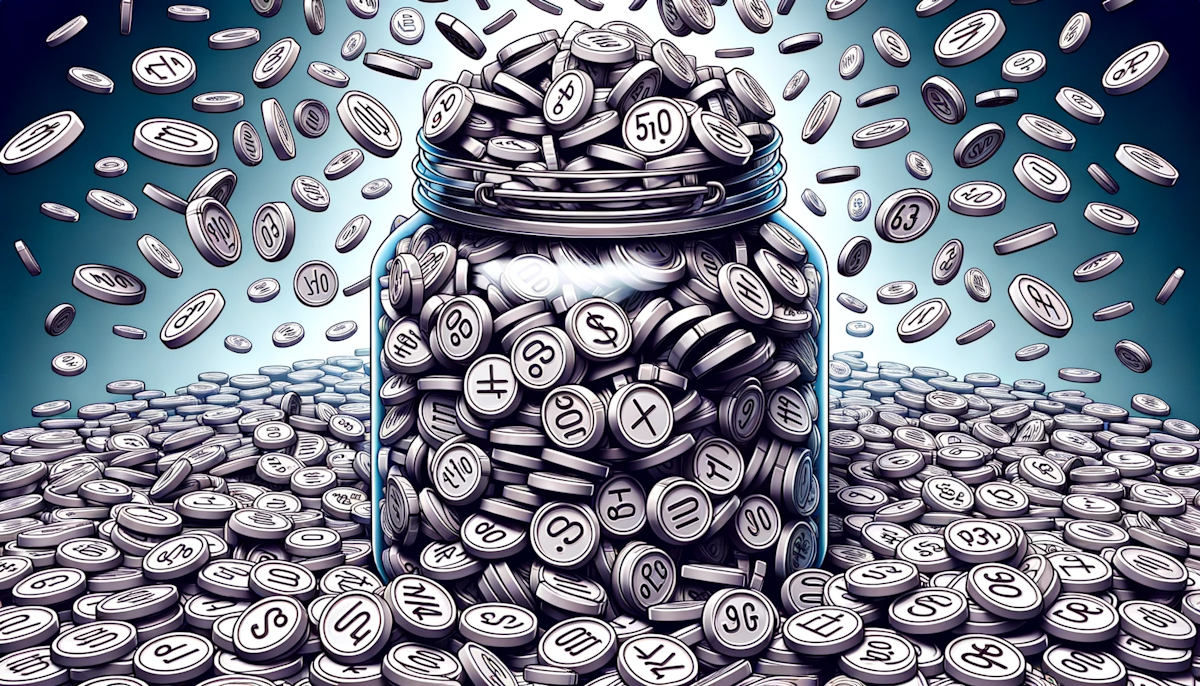 Illustration of a digital jar overflowing with identical digital tokens, depicting the excessiveness and redundancy of keyword stuffing
