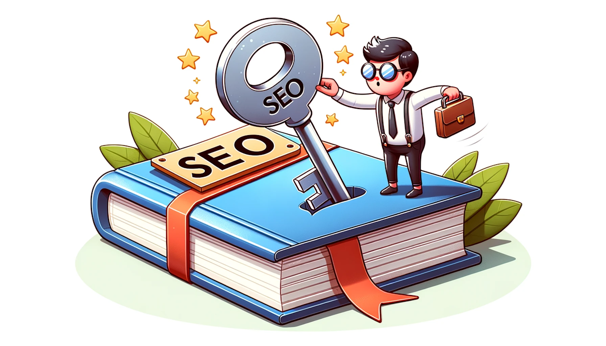 Cartoon of a character holding a key labeled 'SEO', inserting it into a lock on a giant book, highlighting the potential of professional blog writing