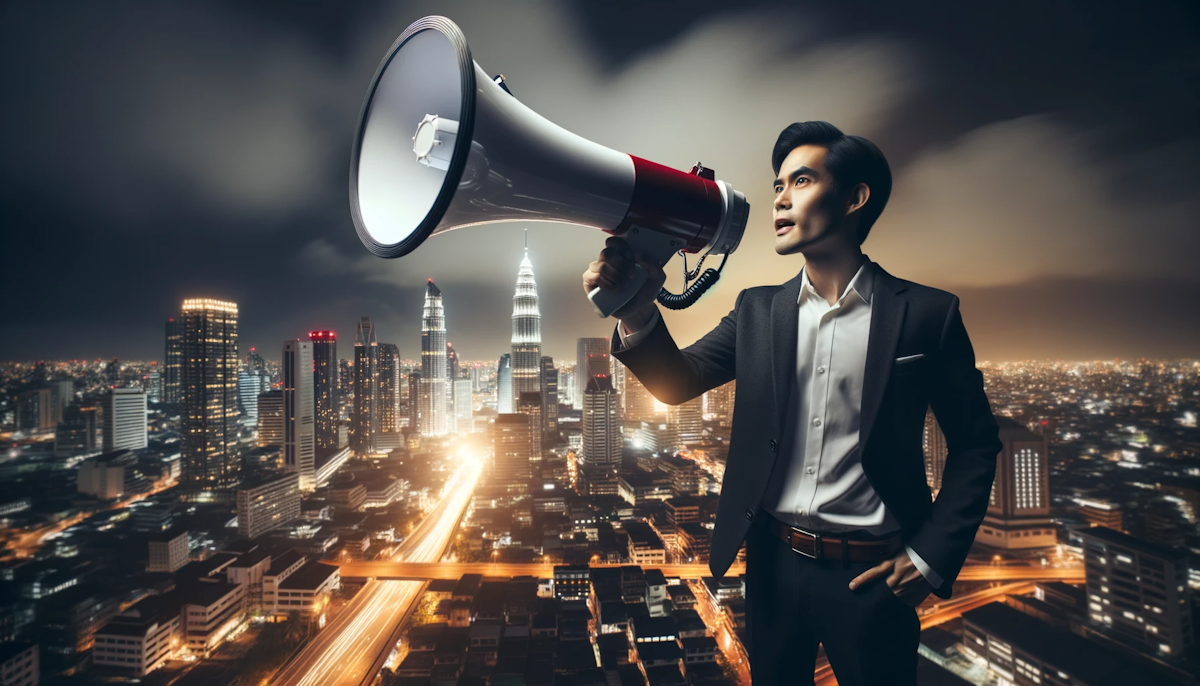 Photo of a man of Asian descent on a rooftop with a city skyline in the background holding a giant megaphone, symbolizing a shoutout