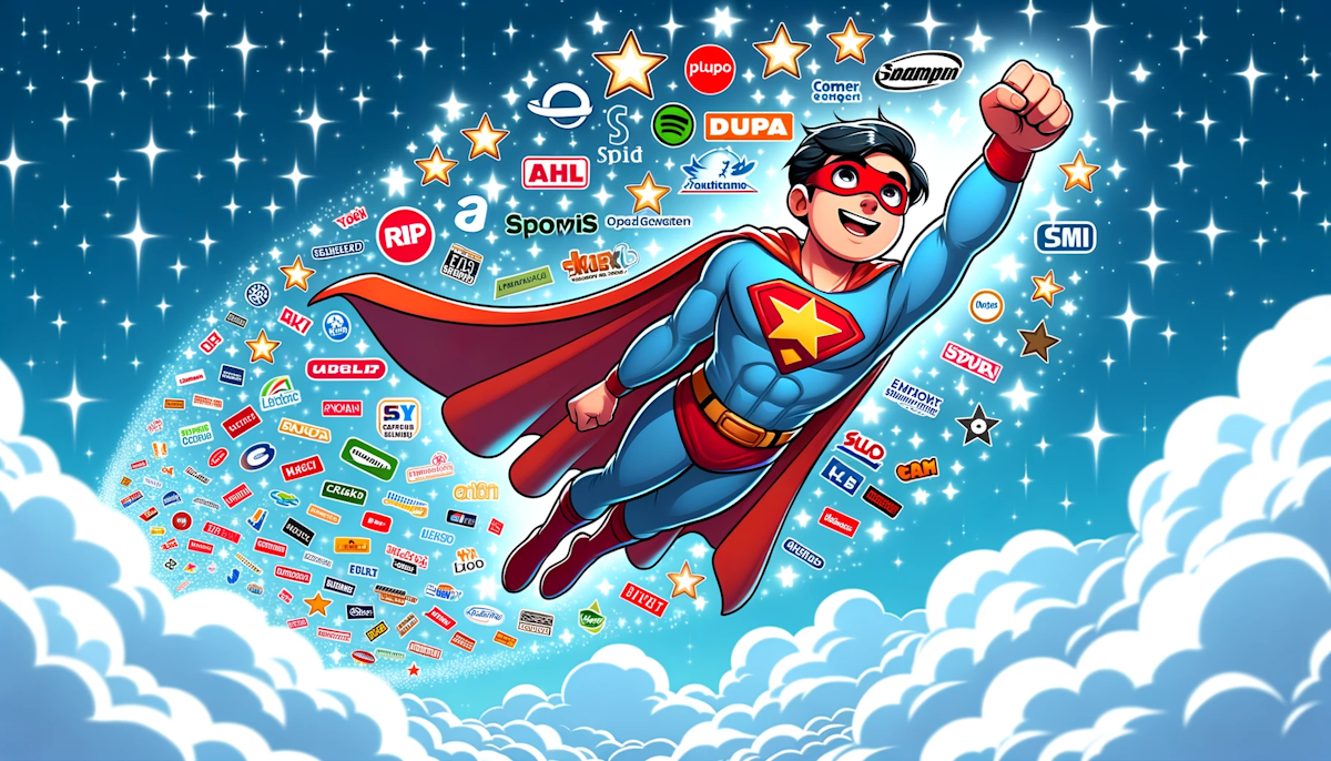 Cartoon of a superhero character flying across the sky, leaving behind a trail of brand logos as sparkles, showcasing brand awareness
