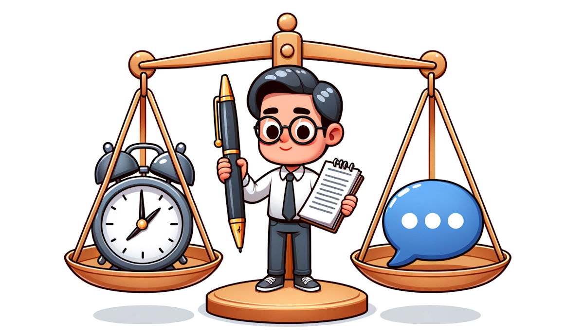 Cartoon of a character weighing a writer's pen and a communication icon on a balance scale, showcasing the equal significance of writing skills