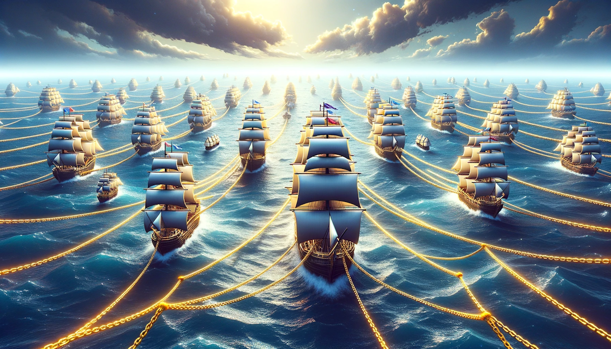 Artistic rendering of a vast digital ocean with ships sailing on it Each ship has a flag bearing a unique emblem