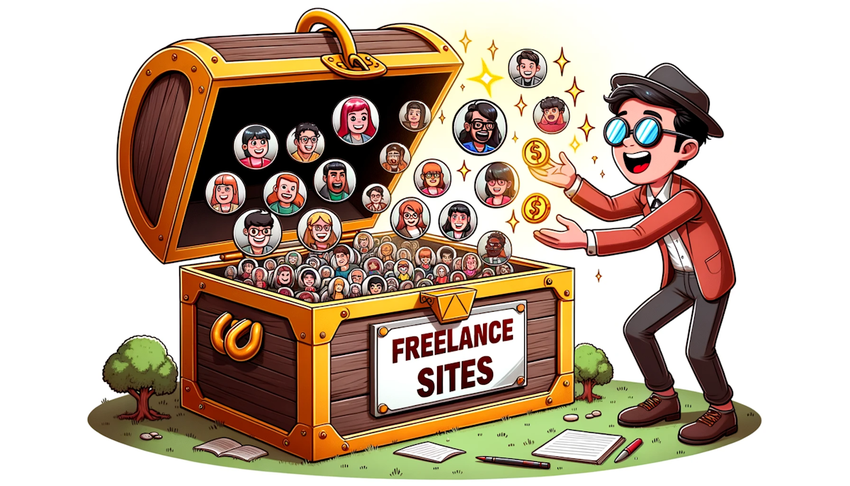 Cartoon of a character opening a digital treasure chest labeled 'Freelance Sites', with writer avatars emerging, showcasing the abundance of writing