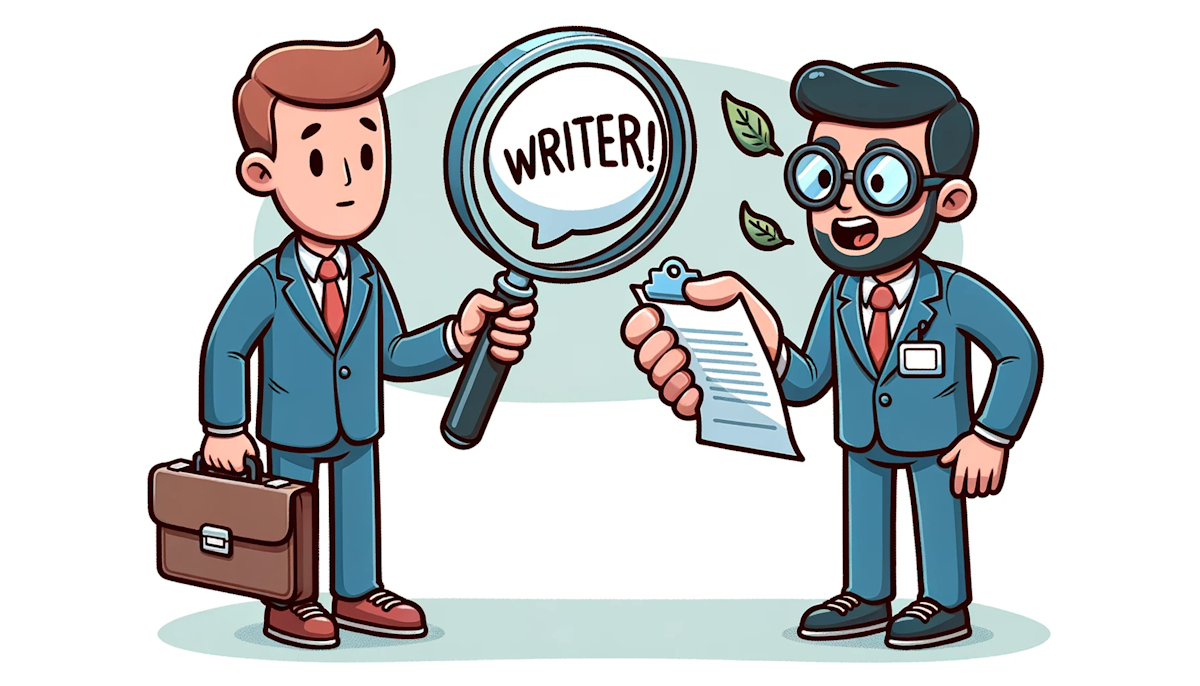 Cartoon of an interviewer character using a magnifying glass to observe a writer candidate's speech bubble, emphasizing the analysis of communication