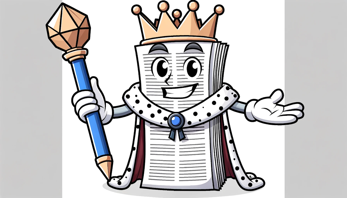 Cartoon of a regal character wearing robes made of written pages and holding a scepter shaped like a pen, representing the dominance of content