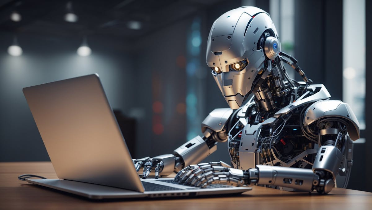 robot typing on a laptop